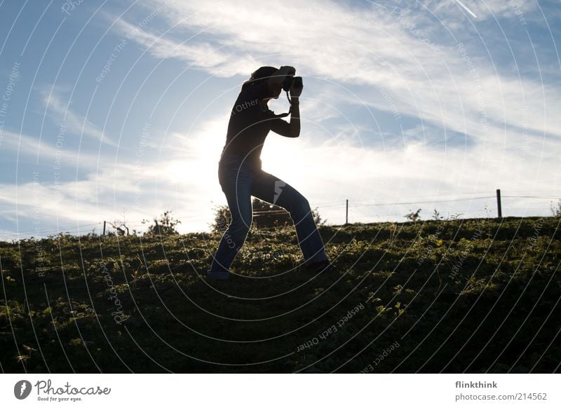 Photographer in Action Leisure and hobbies Take a photo Camera Human being Woman Adults 1 Environment Landscape Sun Beautiful weather Grass Hill