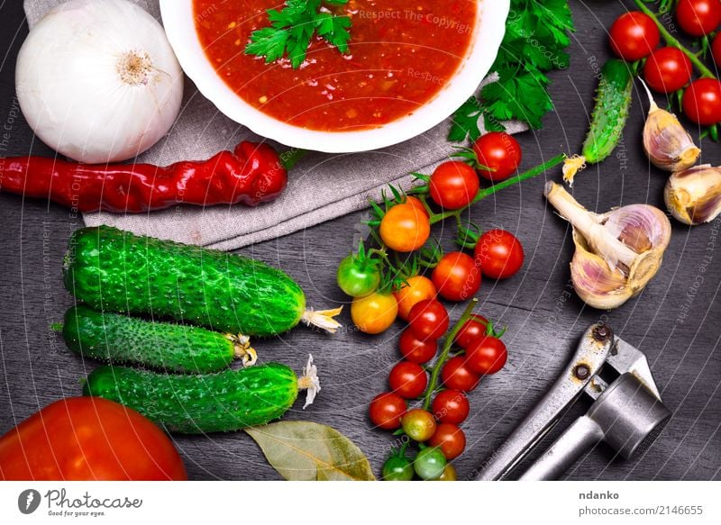 Fresh cherry tomatoes and cucumbers Vegetable Soup Stew Herbs and spices Nutrition Lunch Dinner Vegetarian diet Diet Plate Table Kitchen Wood Eating Fat