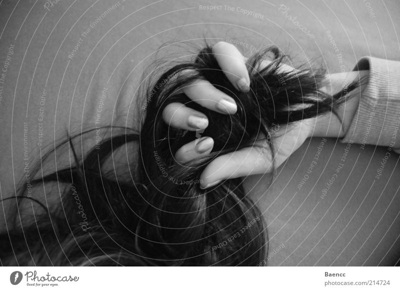 firmly under control Hair and hairstyles Hand Fingers Black-haired Long-haired Curl To hold on Black & white photo Interior shot Shadow Contrast Strand of hair
