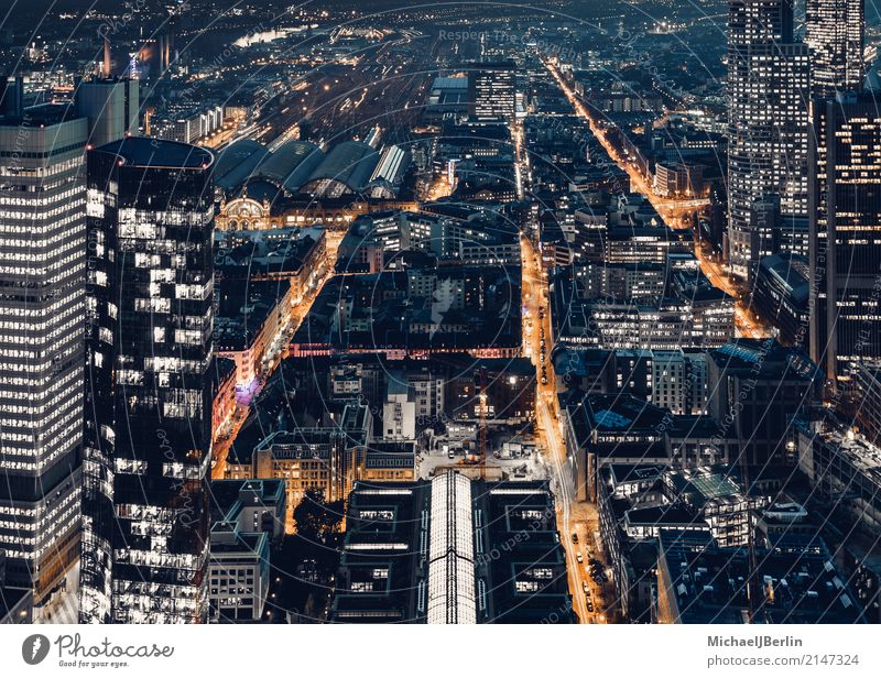 Evening traffic on streets in metropolis Frankfurt Town Downtown Transport Means of transport Traffic infrastructure Rush hour Street Orange Aerial photograph