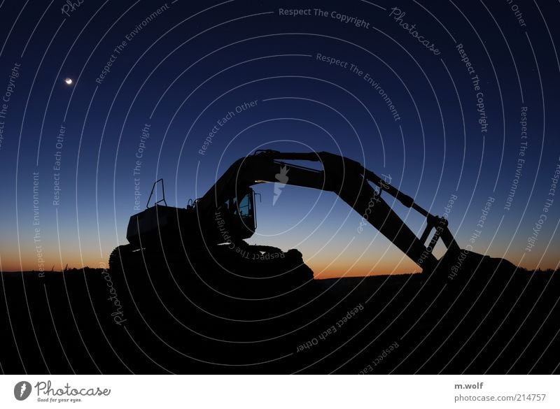 nightmove Work and employment Construction site Industry Closing time Night sky Moon Excavator Blue Black Moody Colour photo Exterior shot Deserted