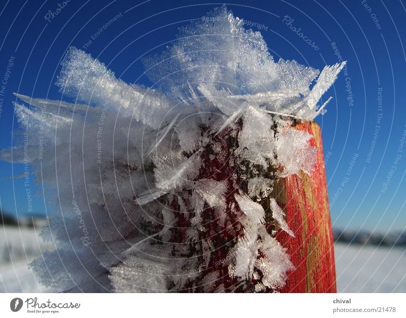 Pole with hoarfrost Winter Hoar frost Red White Cold Frozen Blue Crystal structure Snow Sky