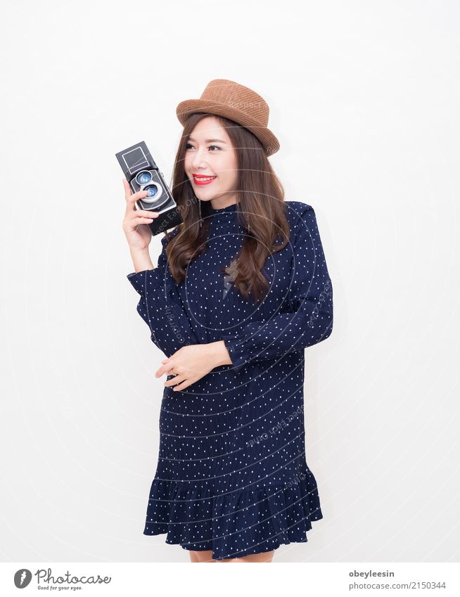 Beautiful young Asian woman with vintage style Lifestyle Elegant Style Happy Vacation & Travel Summer Camera Technology Woman Adults Fashion Dress Old Smiling