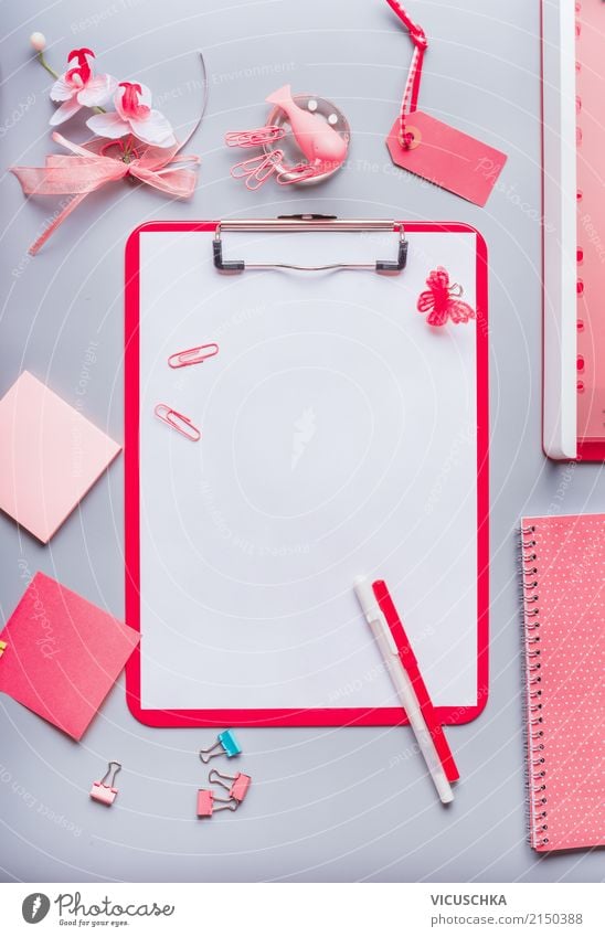 Pink office supplies with blank sheet of paper and pencil Lifestyle Style Design Table Education School Academic studies Office work Business Feminine