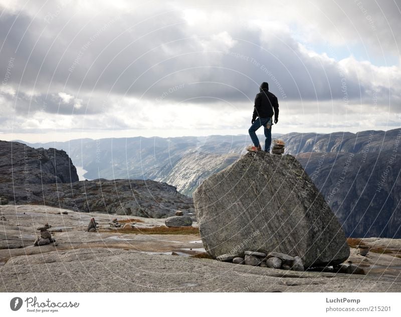 The Guardian Nature Mountain Air Far-off places Freedom Observe Watchfulness Rock Stone Stony Posture Norway Lysefjord Plant Masculine Cold Wind Broken Legs