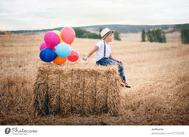 Boy with balloons in the field Lifestyle Joy Wellness Children's game Human being Toddler Boy (child) Infancy 1 3 - 8 years Nature Spring Summer Meadow Globe