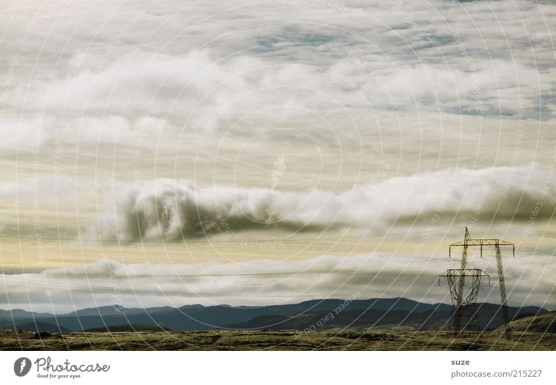 gosh Environment Nature Landscape Elements Earth Sky Clouds Horizon Summer Weather Exceptional Fantastic Iceland Electricity pylon High voltage power line