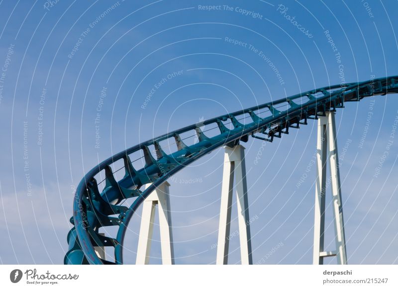 rollercoasterrrrrrr.... Roller coaster Blue Colour photo Exterior shot Deserted Copy Space top Day Light Shadow Steel construction Railroad tracks Distorted