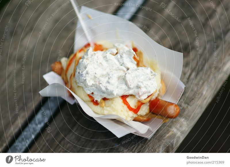 Swedish recommendation. Food Hot dog Mashed potatoes Ketchup Nutrition Lunch Delicious Colour photo Exterior shot Deserted Day Shallow depth of field Fast food