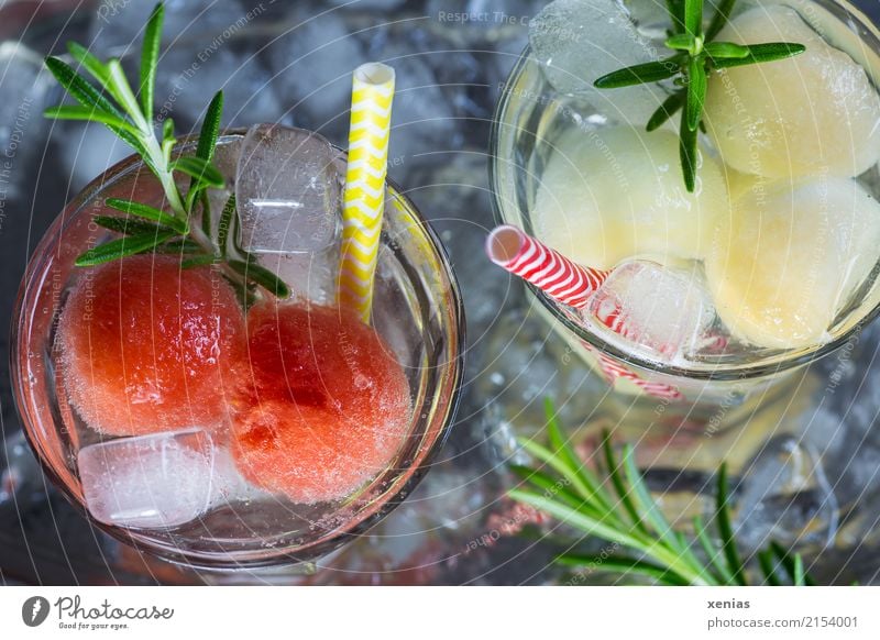 Two glasses of soft drink with honey- and watermelon, rosemary, ice cubes and drinking straw Cold drink Beverage Fruit Herbs and spices Water melon Honeydew