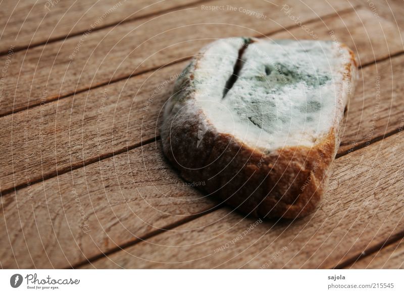 Mom, do I really have to eat that bread? Food Bread Nutrition Table Disgust Brown Gray Decline Mold Inedible Wood Wooden table Old Colour photo Exterior shot