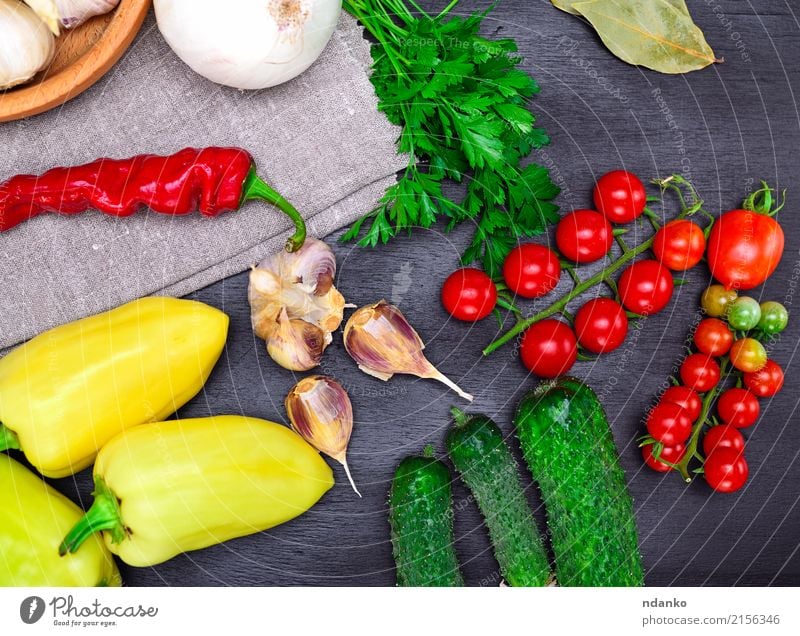Fresh tomato, cucumber and pepper Food Vegetable Herbs and spices Kitchen Wood Eating Green Red Black Tomato Cherry vintage background Ingredients Harvest ripe