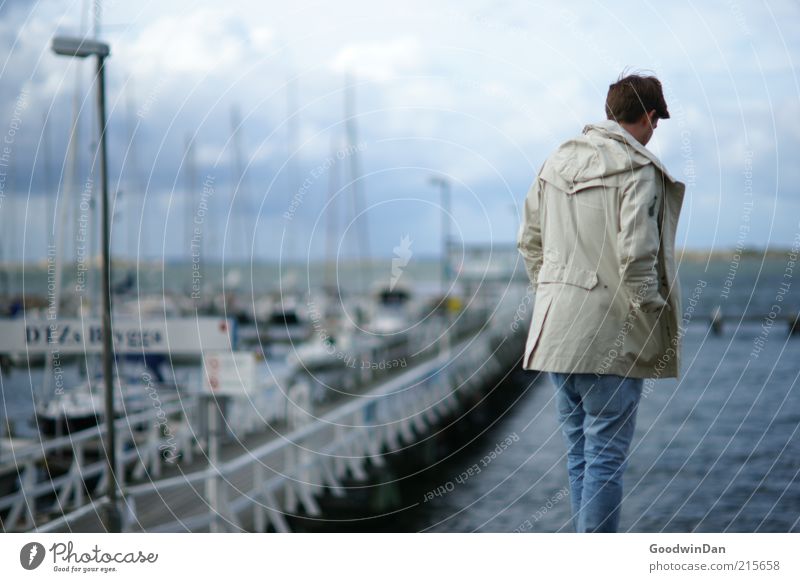 port melancholy Human being Masculine Man Adults 1 Environment Nature Water Coast Ocean Cold Sadness Meditative Loneliness Harbour Colour photo Exterior shot