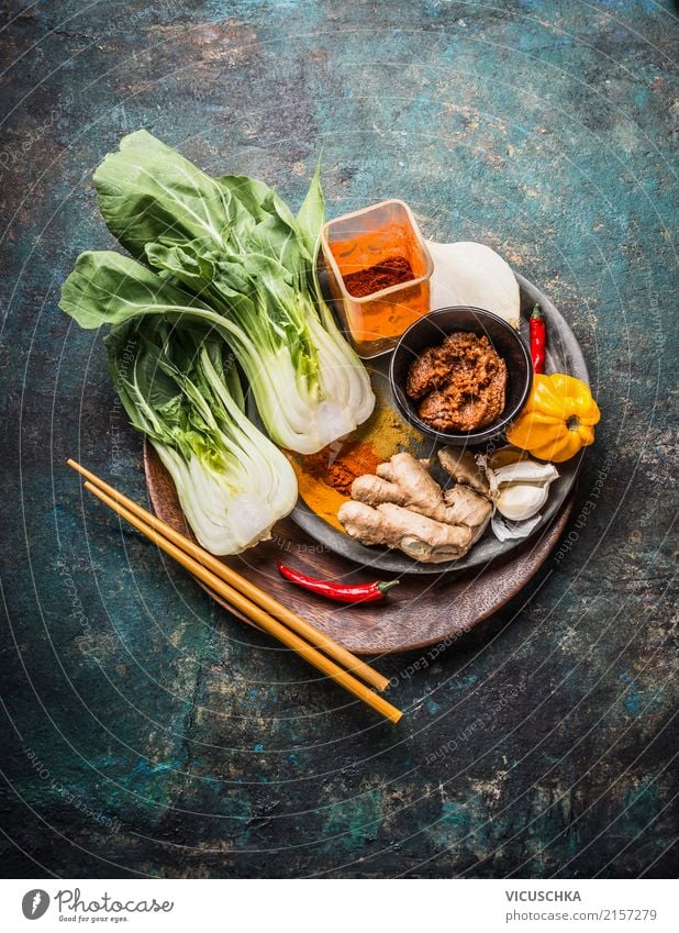 Asian cooking with Pak Choi, chopsticks and spices Food Herbs and spices Nutrition Organic produce Vegetarian diet Diet Asian Food Crockery Style Design