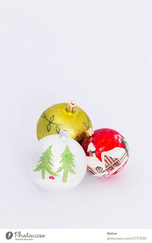 Three Christmas tree balls on white background Design Joy Feasts & Celebrations Christmas & Advent Glass Sign Ornament Sphere Beautiful Multicoloured Green Red