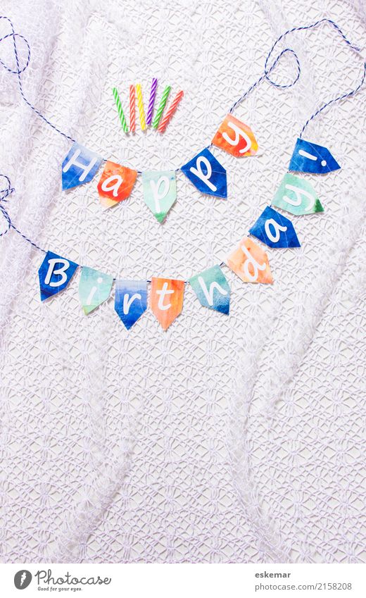 Happy Birthday Feasts & Celebrations Decoration Candle Sign Characters Flag Paper chain Retro Blue Orange White Colour photo Multicoloured Interior shot