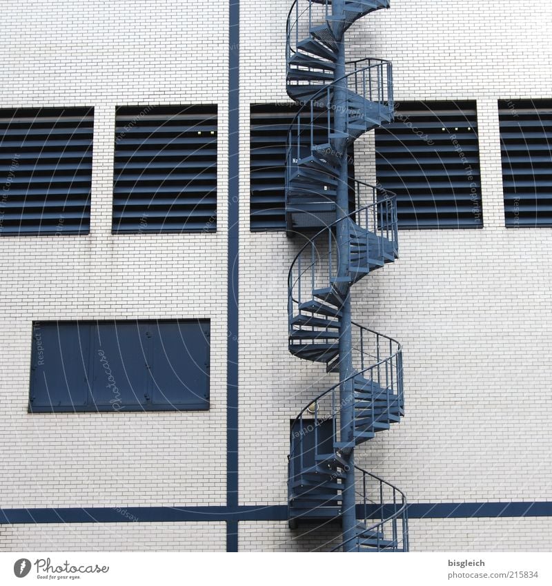 upward Building Stairs Window Winding staircase Wall (building) Metal Blue Target Colour photo Subdued colour Exterior shot Deserted Day Facade Factory
