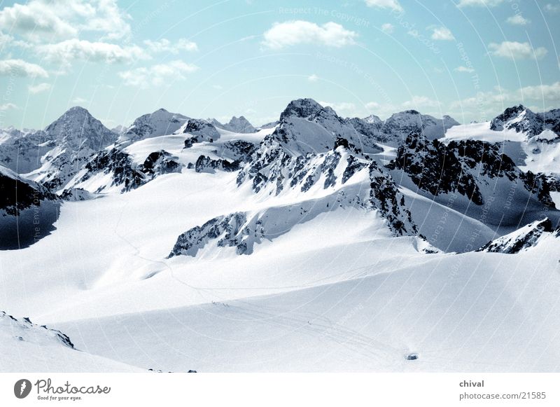 Silvretta 1 Panorama (View) Skier Ski tour Glacier Clouds Mountain Alps silvretta Piz Buin Sky Sun Vantage point Large
