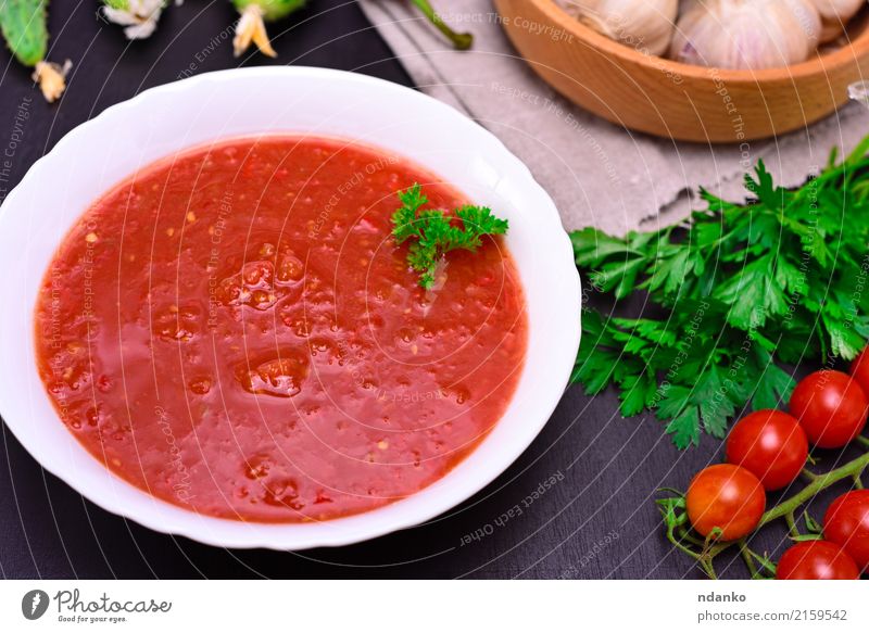 cold tomato soup gazpacho Vegetable Soup Stew Herbs and spices Nutrition Lunch Dinner Vegetarian diet Diet Plate Table Kitchen Wood Fat Fresh Delicious Green