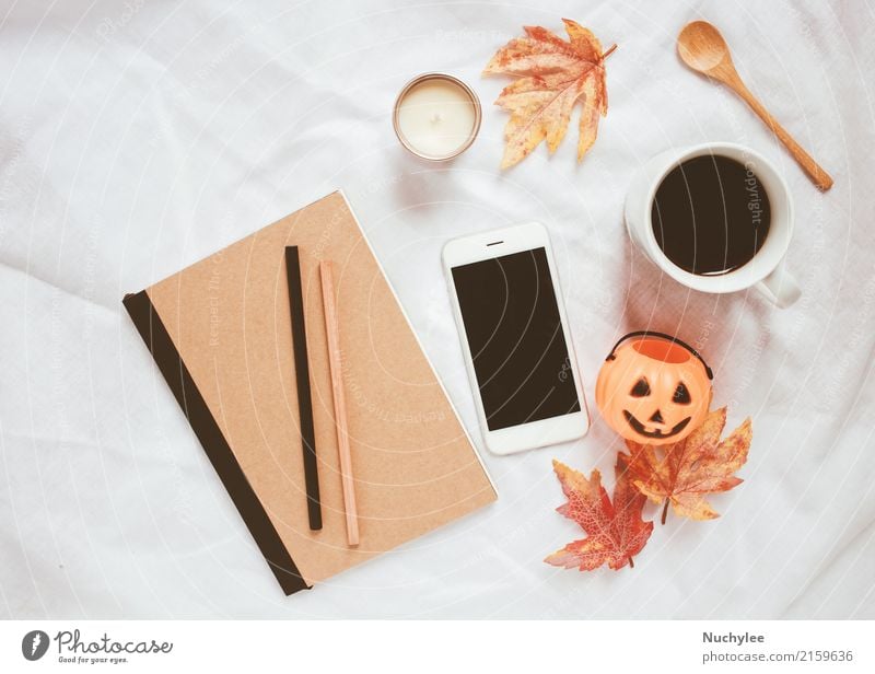 Autumn and halloween concept Coffee Spoon Lifestyle Style Design Decoration Thanksgiving Hallowe'en Craft (trade) Cellphone PDA Technology Art Warmth Leaf