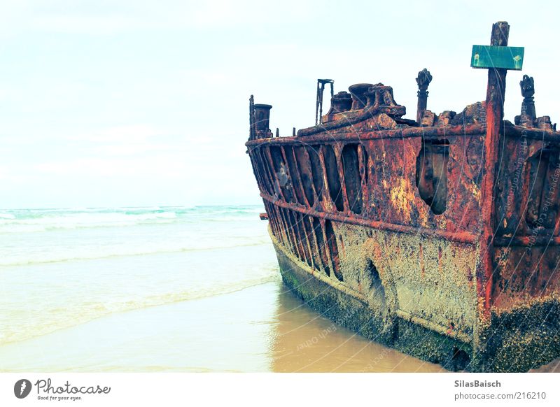 The wreck Summer Beach Ocean Island Waves Water Storm Cruise Passenger ship Watercraft Wreck Old Exceptional Stranded Colour photo Exterior shot Copy Space left