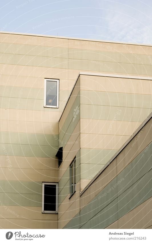 striped cottage Sky Building Architecture Facade Window Concrete Line Stripe Flat roof Colour photo Exterior shot Detail Gray Deserted Gloomy Concrete wall