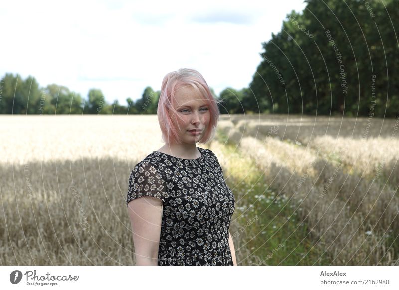 Portrait of a young woman standing in a field in a summer dress already Life Trip Young woman Youth (Young adults) Face Freckles 18 - 30 years Adults Landscape