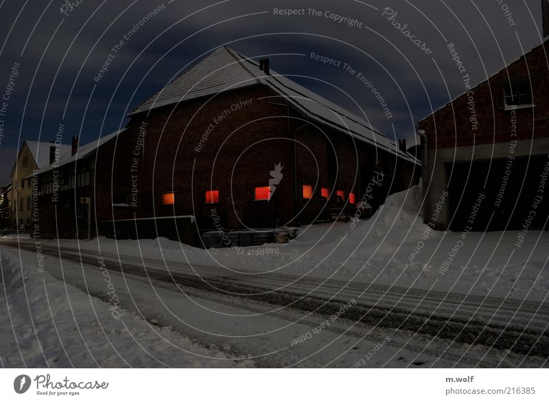 Night out Night sky Winter Ice Frost Snow Village Deserted Manmade structures Barn Farm Cowshed Blue Red White Moody Street Snow track Window Flare Colour photo