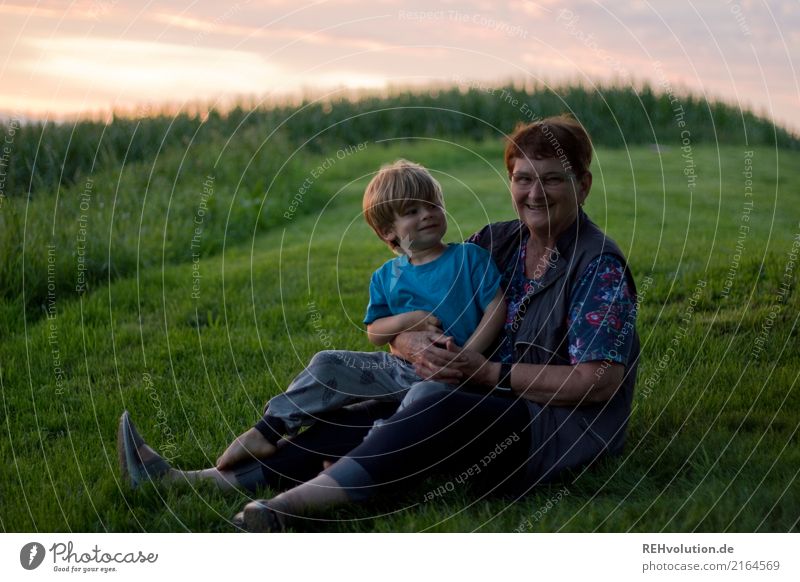 Granny sitting with her grandson on a meadow in nature Human being Toddler Boy (child) Woman Adults Grandmother Female senior Family & Relations Infancy 2