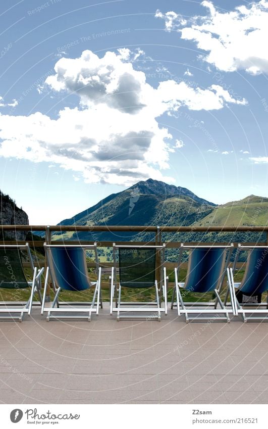 Sun deck without sun Wellness Relaxation Calm Far-off places Mountain Deckchair Environment Nature Landscape Alps Peak Esthetic Dark Gigantic Infinity Natural