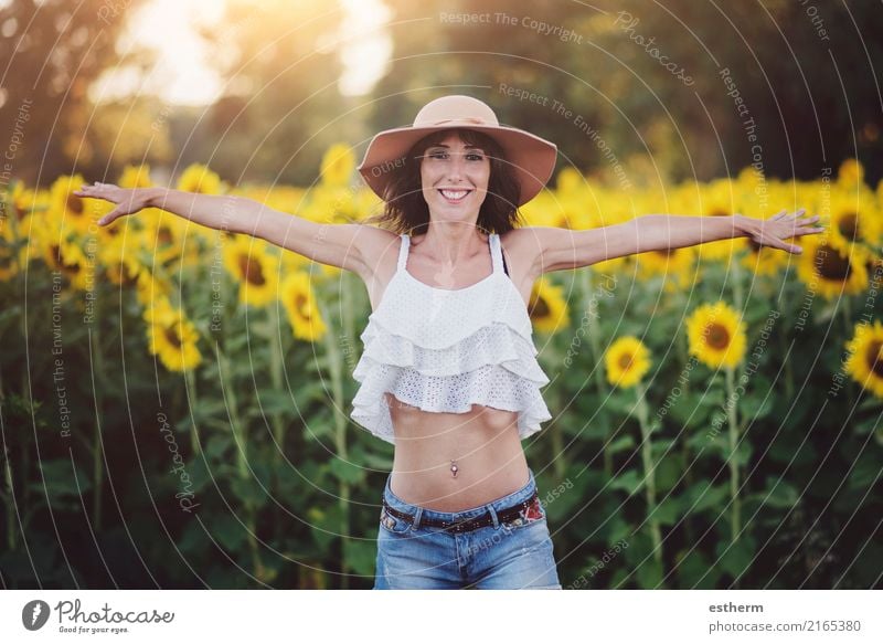 Smiling girl in field of sunflowers Lifestyle Wellness Leisure and hobbies Vacation & Travel Adventure Freedom Summer Human being Young woman