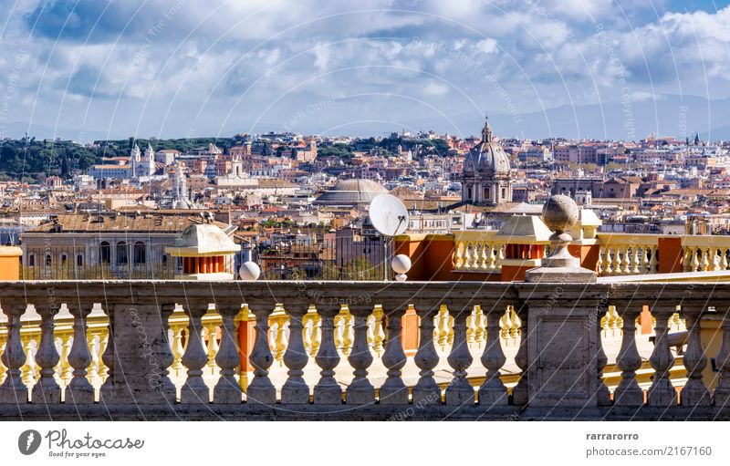 view of rome through a marble balustrade Vacation & Travel Tourism Sightseeing Landscape Sky Clouds Horizon Autumn Tree Hill Town Skyline Church Building