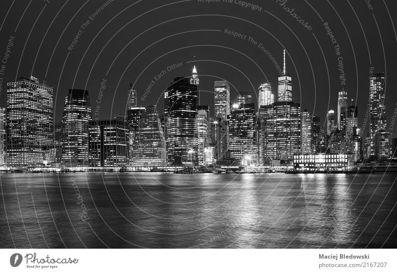 Black and white picture of Manhattan skyline at night. Vacation & Travel Sightseeing City trip Flat (apartment) Small Town Downtown Skyline High-rise
