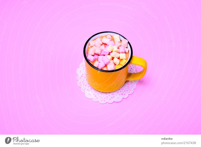drink and colorful pieces of marshmallow Dessert Candy Beverage Hot Chocolate Cup Fresh Delicious Above Yellow Pink Marshmallow mug Slice Top sweet food