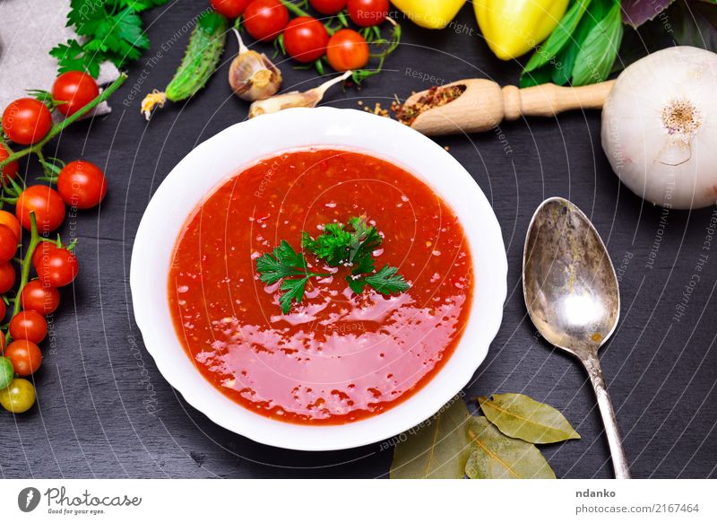 Gazpacho spanish cold soup Vegetable Soup Stew Herbs and spices Nutrition Lunch Dinner Vegetarian diet Diet Plate Spoon Summer Table Kitchen Wood Fat Fresh