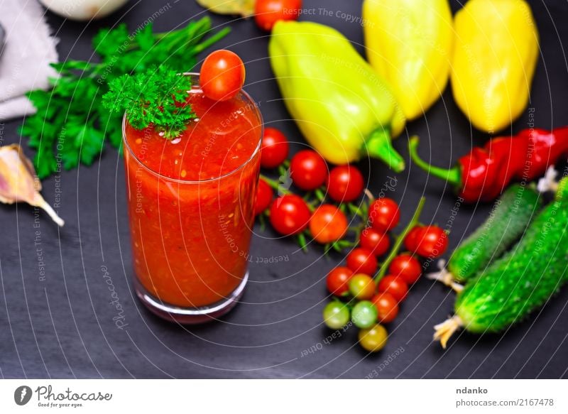 juice from a red tomato Vegetable Herbs and spices Vegetarian diet Diet Juice Glass Kitchen Wood Fresh Green Red White Tomato Cherry pepper background