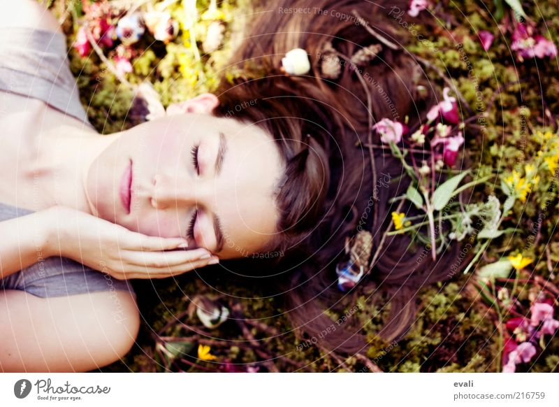 nestled Human being Feminine Young woman Youth (Young adults) Woman Adults Hair and hairstyles Face Hand 1 18 - 30 years Flower Moss Twigs and branches Lie