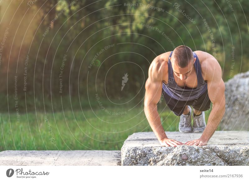 Push-up during outdoor training in the park Healthy Healthy Eating Athletic Fitness Summer Sun Sports Sports Training Sportsperson Muscular Sports top