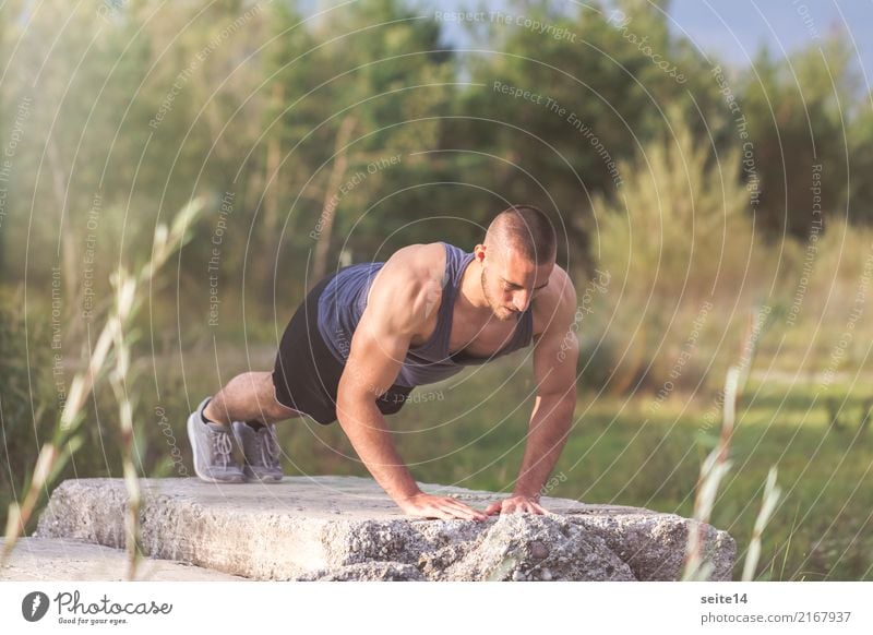 Push-ups during outdoor training in the park Healthy Healthy Eating Health care Athletic Fitness Summer Sun Sports Sports Training Sportsperson Muscular