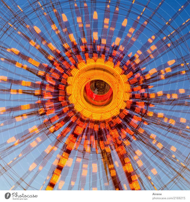 after the third measure Feasts & Celebrations Oktoberfest Fairs & Carnivals Festive Lighting Sea of light Circle Wheel Rotate Illuminate Gigantic Round Blue