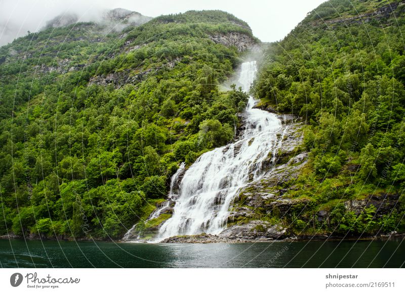 Waterfall Friaren in the Geirangerfjord, Norway Vacation & Travel Tourism Trip Cruise Expedition Mountain Hiking Environment Nature Landscape Clouds Bad weather