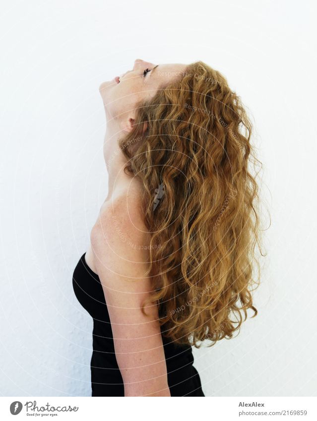 side portrait of beautiful slender redhead woman with curls and freckles Style Joy pretty Life Well-being Young woman Youth (Young adults) Hair and hairstyles
