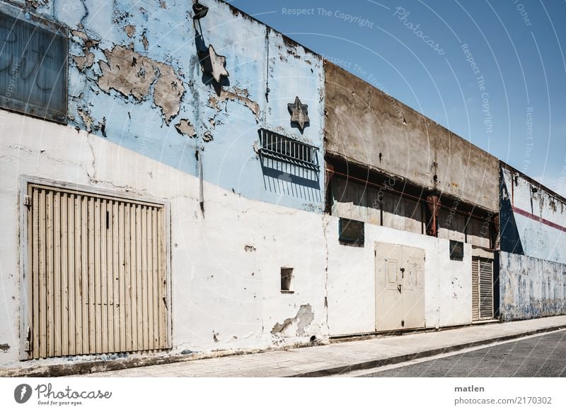 industrial estate Town Deserted House (Residential Structure) Building Wall (barrier) Wall (building) Facade Window Door Old Gloomy Blue Brown Gray White