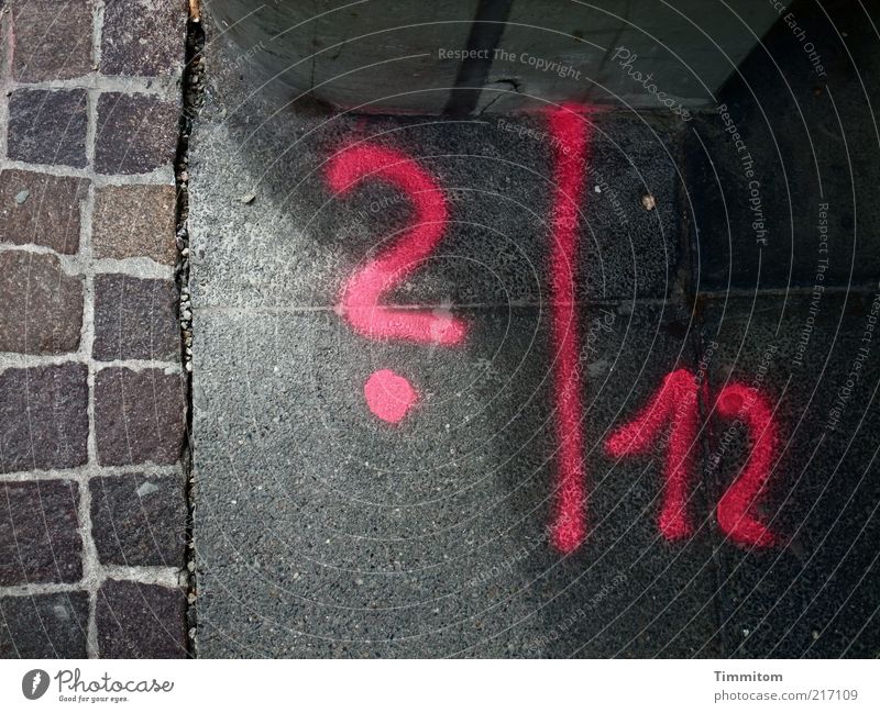 ? l 12 Deserted Characters Digits and numbers Question mark Pink Ground markings Measurement Ask Detail Section of image Stone floor Graffiti Sprayed