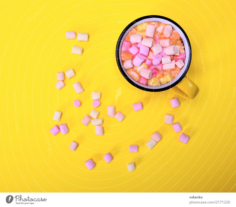 ocoa drink in a yellow mug Dessert Beverage Hot drink Hot Chocolate Cup Delicious Above Yellow Pink Marshmallow Slice Top sweet food Aromatic background