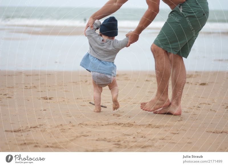Father runs with child on the beach the first steps Toddler Girl Man Adults 2 Human being 1 - 3 years 30 - 45 years Sand Water Summer Waves Beach Ocean