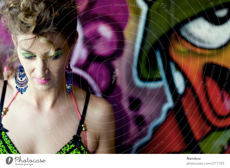 camouflage Human being Feminine Woman Adults 1 30 - 45 years Emotions Meditative Frustration Graffiti Multicoloured Neon Colour photo Exterior shot Downward