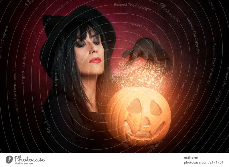 Beautiful woman like witch with pumpkin in Halloween Lifestyle Party Event Feasts & Celebrations Hallowe'en Human being Feminine Young woman