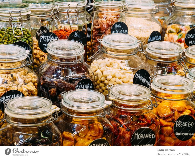 Dried Fruits In Glass Jars For Sale In Market Food Vegetable Nutrition Eating Organic produce Diet Shopping Container Fresh Healthy Natural Sweet Dry