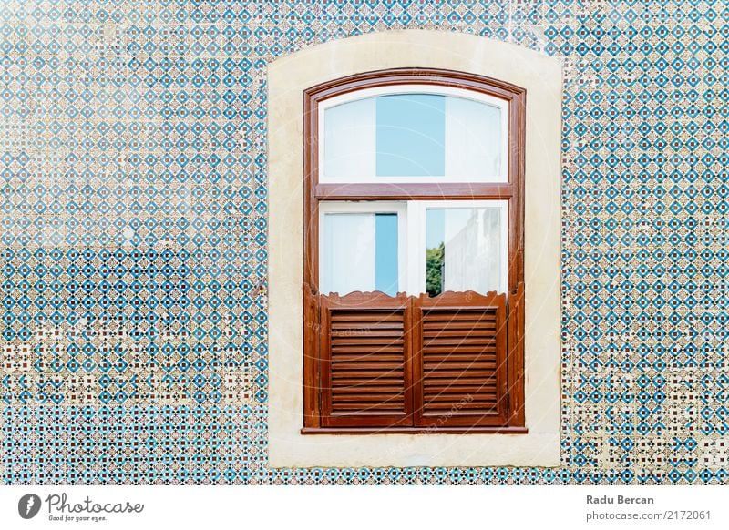 Vintage Wooden Window On Blue Tile Wall In Lisbon, Portugal Style Design House (Residential Structure) Decoration Architecture Village Small Town Downtown